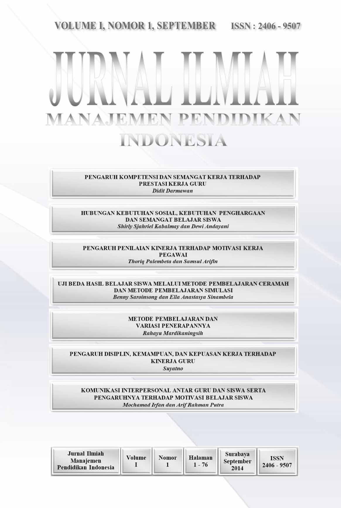 Jurnal Ilmiah Manajemen Pendidikan Vol 1 September 2014
